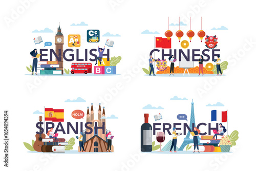 Set of people studying foreign language class