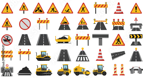 A collection of construction signs and road elements, including warnings, barriers, cones, and road symbols, are displayed in a flat design style, ideal for illustrating roadwork.
