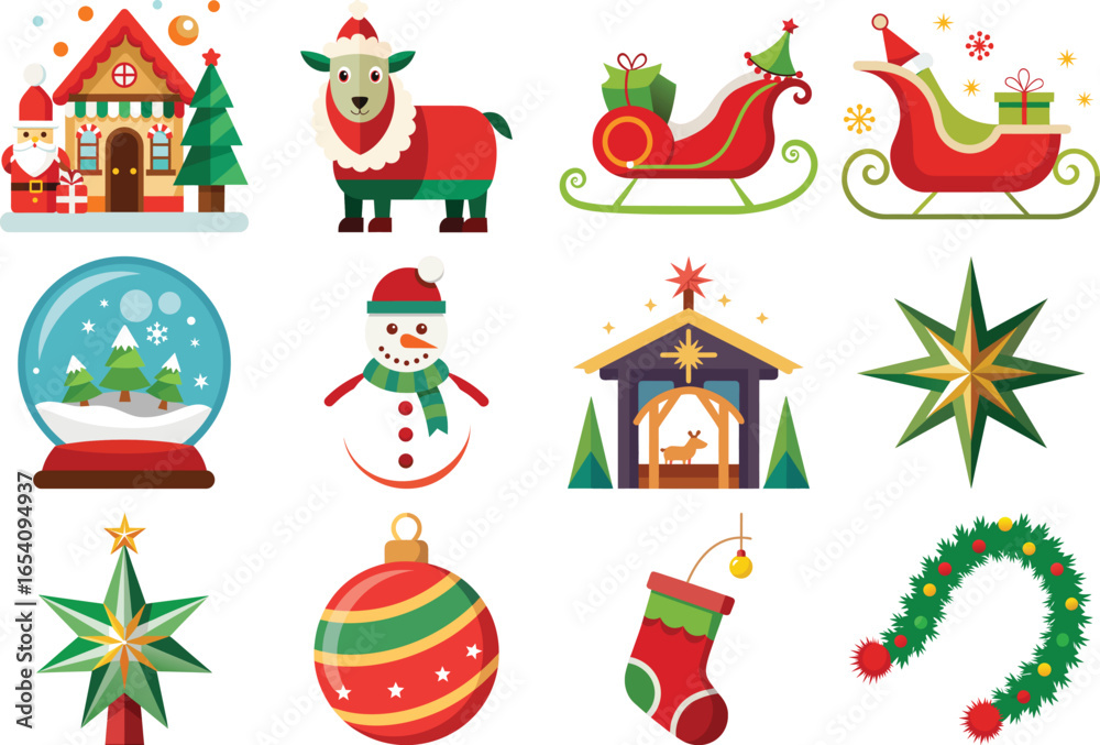 Naklejka premium Collection of Christmas themed vector illustrations featuring holiday icons and decorations on white background 