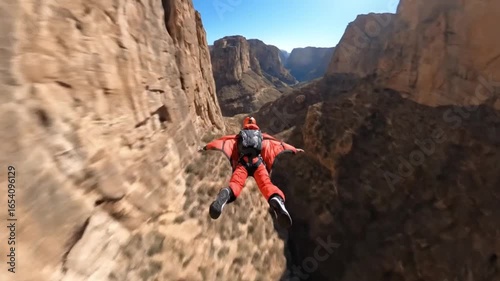 A thrilling aerial shot of a wingsuit flyer gliding at high speed through a majestic mountain valley, the ultimate in human flight.