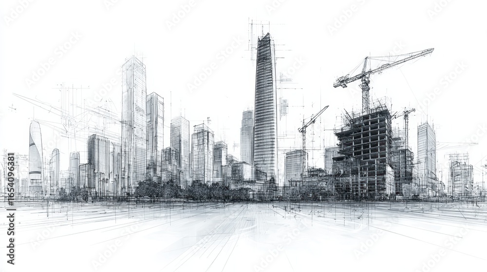 Obraz premium Urban skyline architectural drawing depicting construction progress, towering cranes framing partially built structures representing city growth and design evolution