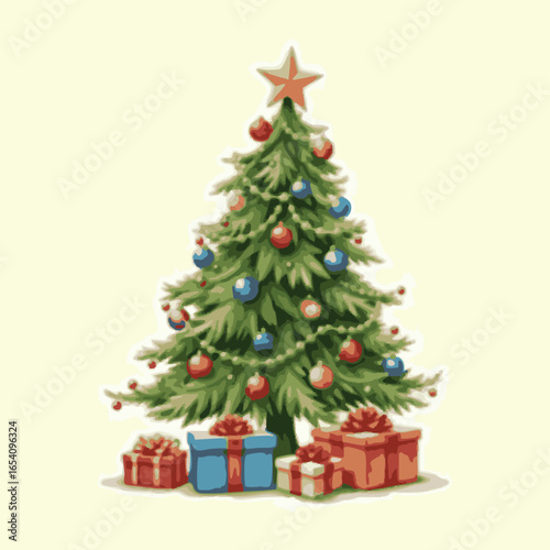 Christmas tree with baby Toys and gift boxes watercolor illustration.