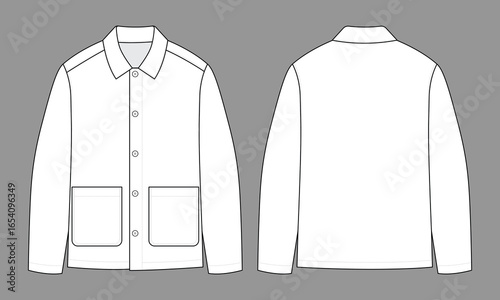 Blank White Jacket with Two Pockets, Buttons Down Template on Gray Background. Front and Back Views, Vector File