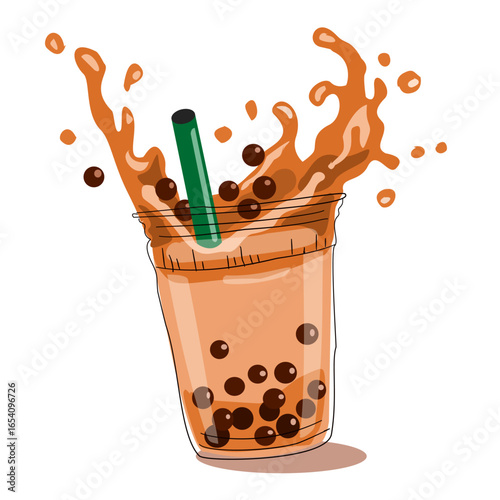 Refreshing iced bubble milk tea with tapioca pearls and splash effect in clear cup illustration