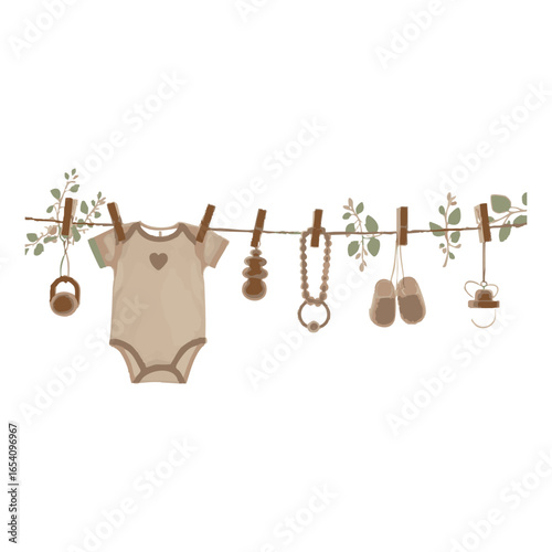 Watercolor baby illustration with clothing and accessories hanging on a clothesline. Onesie, shoes, rattle, pacifier and leaves.
