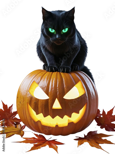 Black Cat with Glowing Green Eyes on Halloween Pumpkin Jack-O’-Lantern with Autumn Leaves isolated on white transparent background clipart PNG