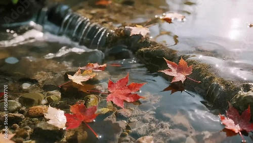 The red leaves falling into the lake