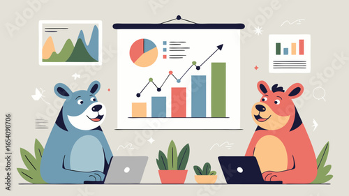 Cartoon Bears Analyzing Data Charts with Laptops for Business Growth and Financial Success