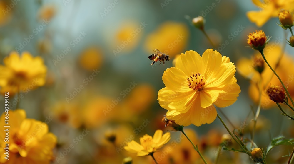 blooming yellow cosmos flowers with bees Vibrant yellow flowers attract a bee in a colorful garden scene. blooming yellow cosmos flowers with bees Vibrant yellow flowers attract a bee in a colorful garden scene.