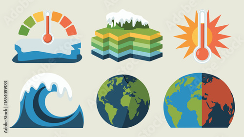 Cartoon Illustration of Global Warming's Effects Melting Ice, Rising Sea Levels, and Earth's Rising Temperature