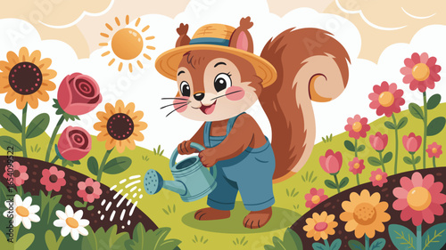Cartoon Squirrel in Overalls Watering Flowers Under the Sun Garden Illustration