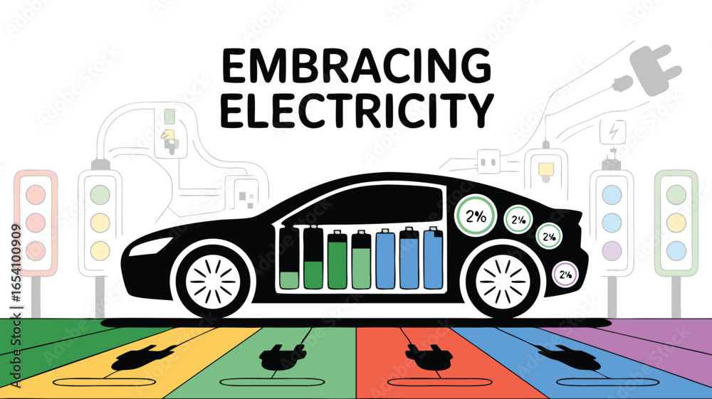 Obraz premium Electric Car Illustration with Colorful Charging Stations, Batteries, and Traffic Lights Image
