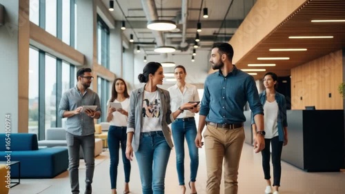 Diverse professionals walking through brightly lit contemporary office space in friendly atmosphere