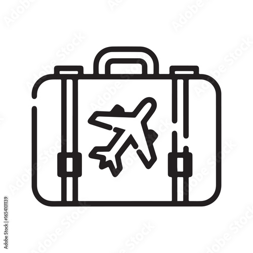 Travel Luggage with Airplane Linear Icon, Flight Baggage Symbol for Vacation
