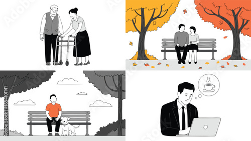 Four Life Stages Elderly Care, Romantic Couple, Dog Walker, Businessman with Coffee Dream