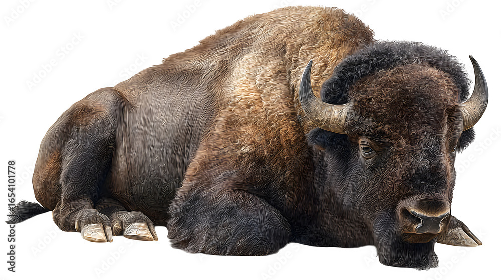 Fototapeta premium Majestic bison resting peacefully, embodying raw power and natural resilience.