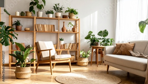 Cozy Living Room Interior Design with Plants and Wooden Furniture