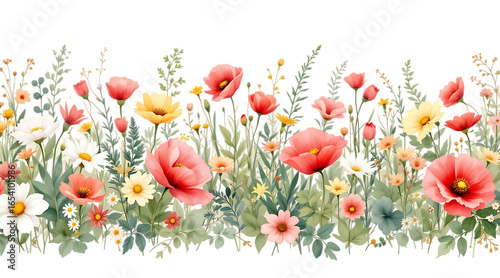 Fototapeta Naklejka Na Ścianę i Meble -  Watercolor Wildflower Meadow Border on Transparent Background


