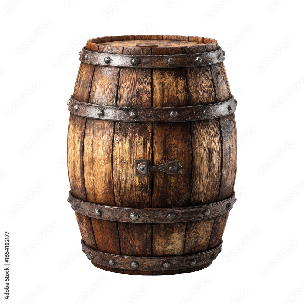 Fototapeta premium Rustic wooden barrel, brown, metal bands, vintage, storage container