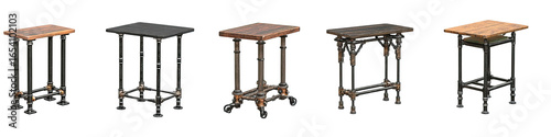 Four small tables with dark metal bases and light wood tops