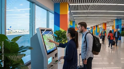 Modern Airport Terminal with Travelers Using Interactive Wayfinding Technology for Flight