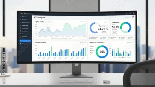 Modern SEO Analytics Dashboard on Multiple Monitors Showing Growth Metrics for Business