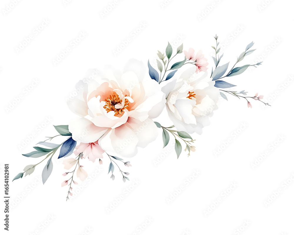 Fototapeta premium Watercolor floral bouquet with white and cream peonies, isolated on transparent background.