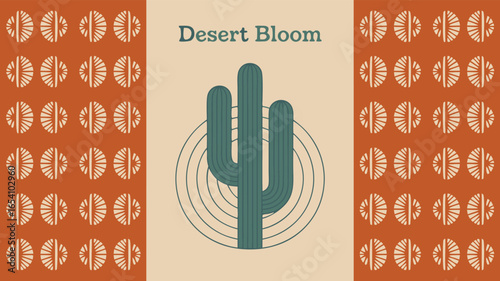 Retro Desert Bloom Cactus Illustration with Geometric Orbs on Burnt Orange Background Panels