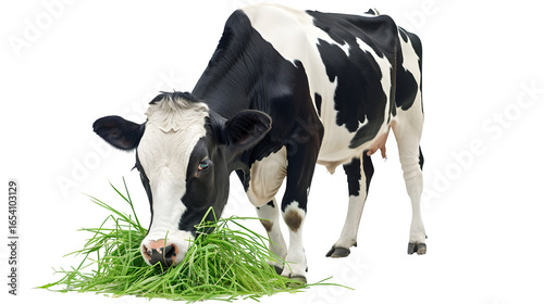 Dairy cow grazing peacefully on fresh green grass against a clean, isolated backdrop
