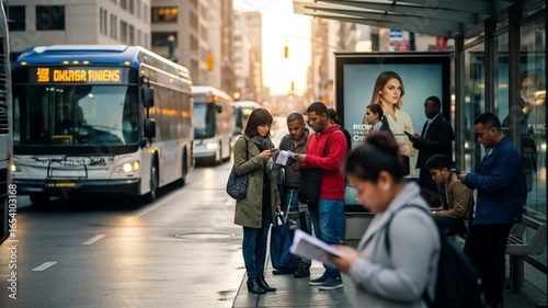 Busy city street with diverse people waiting at a bus stop, surrounded by urban buses and buildings