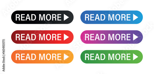 Read More Buttons, Labels Pack. Six Rounded CTA Badges in Blue, Red, Orange, Green, Purple and Black for Web, Mobile and UI Design