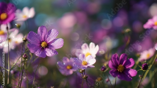 wide pink cosmos flowers Vibrant flowers in shades of purple and white with a blurred background creating a dreamy atmosphere.