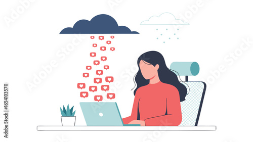 Woman on Laptop Receiving Social Media Likes Under Cloudy Sky Cartoon Illustration Style