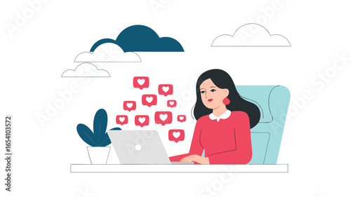Woman With Laptop Receiving Social Media Likes At Desk Under Cloud Graphics