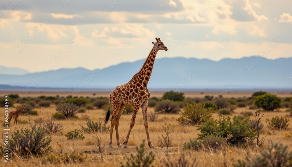 Fototapeta premium Serene giraffe photographed in a browsing pose in an open savanna with scattered shrubs and soft clo
