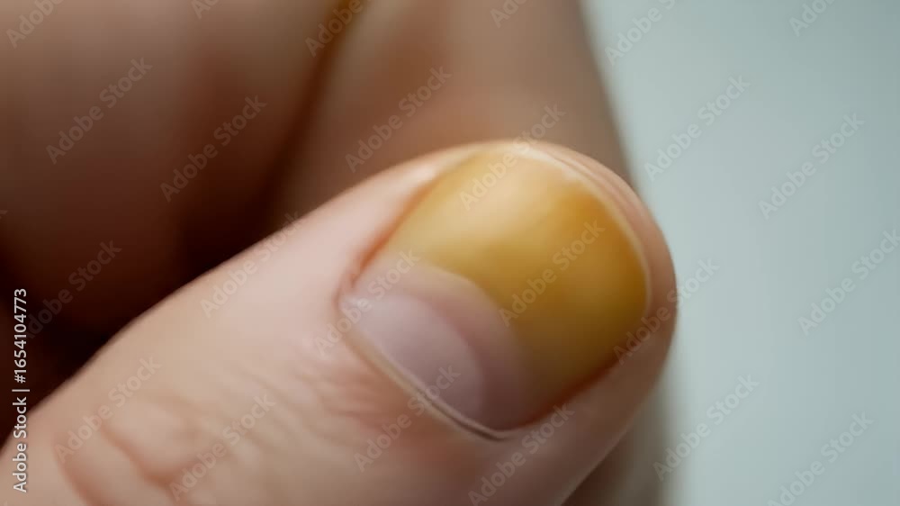 Close-up shows a yellowish thumbnail with a smooth skin texture of a finger Close-up shows a yellowish thumbnail with a smooth skin texture of a finger