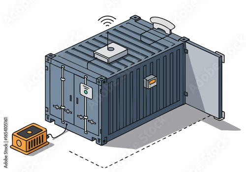 Illustrative IoT setup featuring a shipping container connected via wireless signals to a sensor. Modern, digital, and visually appealing for tech and industrial concepts.