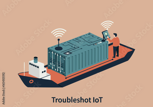 A man monitors a containerized IoT system on a ship, utilizing a tablet for troubleshooting. Modern, digital illustration with wireless signals.  Clean, professional design.