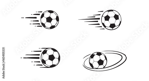 Vector icon sheet of soccer ball sketch showing multiple motion variations in the air.