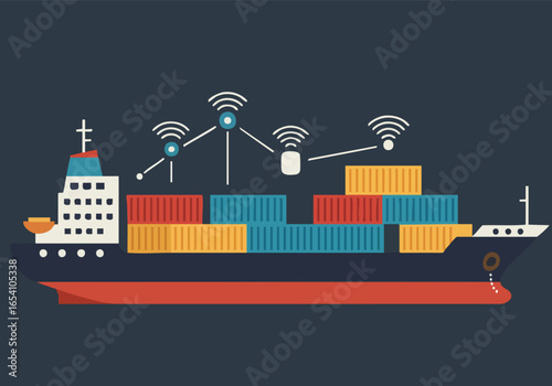 A stylized container ship with wireless connectivity icons, showcasing global logistics and modern shipping. Clean, flat design for commercial use.