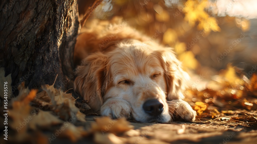 Obraz premium A golden retriever dog lying peacefully under a tree with golden leaves falling around it, creating a warm and calm atmosphere