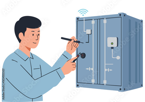 A technician inspects a containerized IoT device with a multimeter. Modern illustration showcasing connectivity and technology. Clean, professional design.