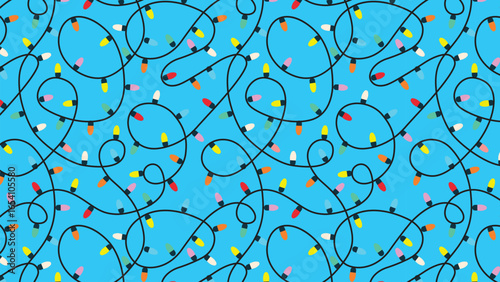 Colorful string lights on a bright blue background, creating a festive and cheerful pattern.
