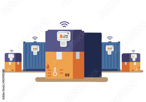 Three shipping containers display IoT temperature sensors, showcasing a modern logistics solution. A digital clock indicates temperature readings. Clean, graphic style.