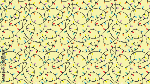 Christmas colorful string lights on a pale yellow background, creating a bright and cheerful festive pattern.