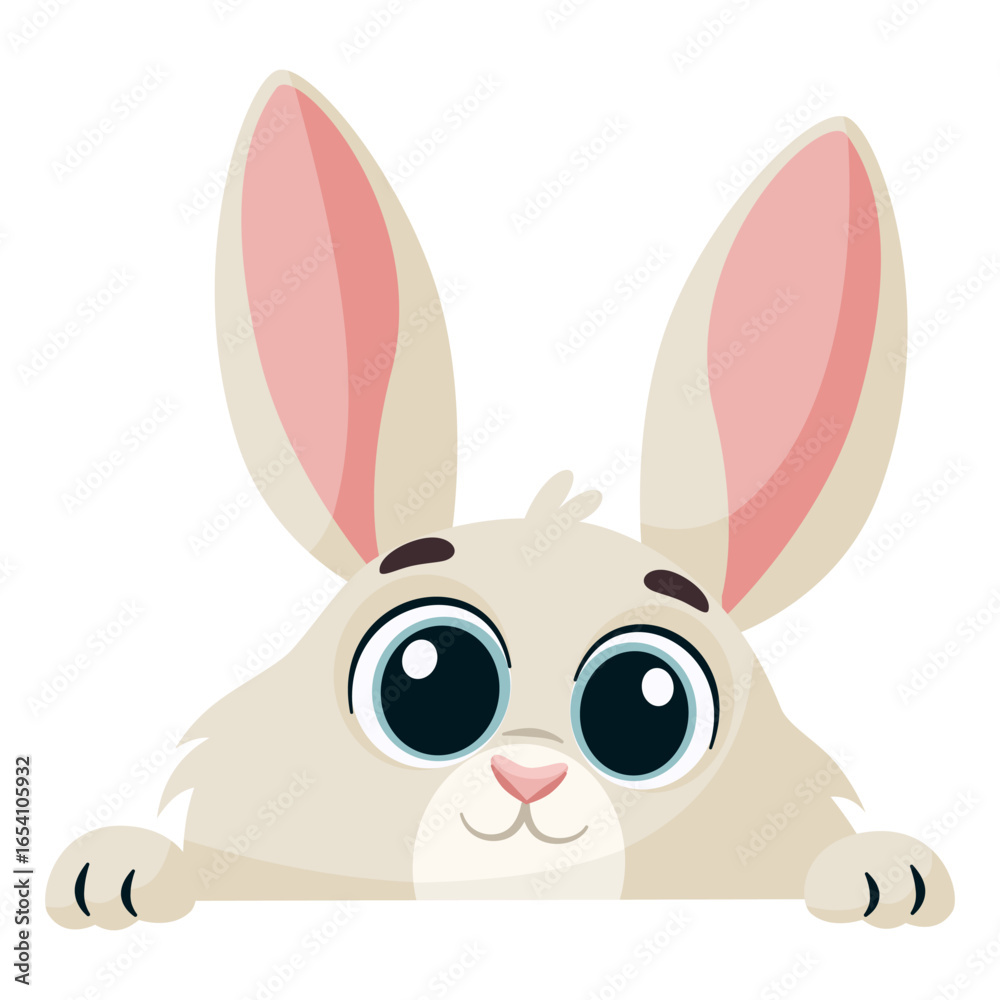 Obraz premium A cute rabbit peeks out from behind a wall. Vector illustration in a childlike style. Vector illustration