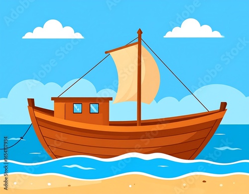 Cartoon wooden sailing ship on beach
