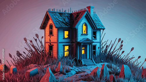 Haunted Hilltop Cottage: Spooky Abandoned House with Glowing Windows at Dusk
