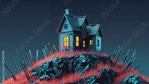 Haunted Hilltop Cottage: Spooky Abandoned House with Glowing Windows at Dusk