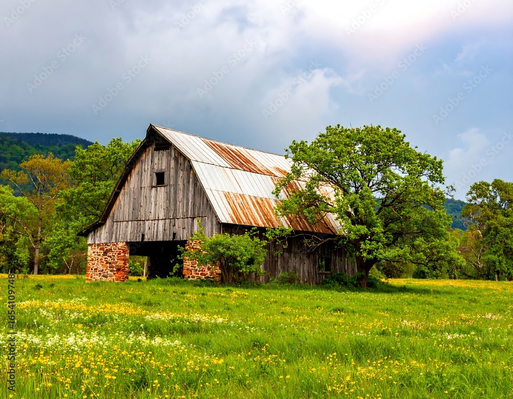 Obraz premium Rustic barn in a meadow under a dramatic sky